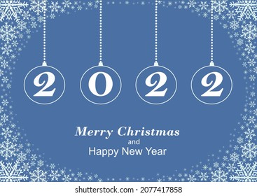 Happy New Year 2022. Greeting card with numbers 2022 on a blue background with a pattern of snowflakes. Vector illustration