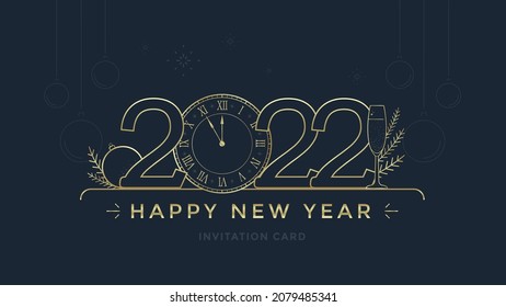 Happy New Year 2022 greeting card design with stylized Golden clock and decoration on dark background. Merry Christmas golden line illustration.