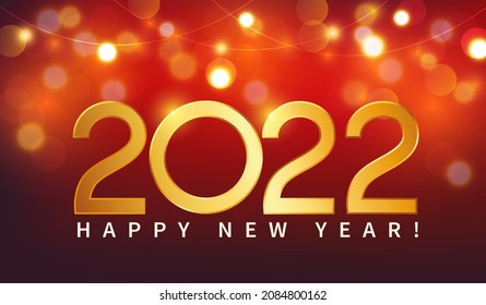 Happy New Year 2022. Greeting banner with glittering festive lights. Vector illustration.