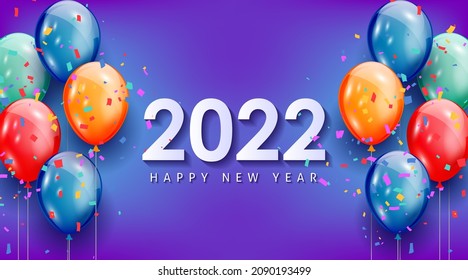 Happy new year 2022 greeting card with realistic colorful balloons celebration background design for greeting card, poster, banner. Vector illustration.