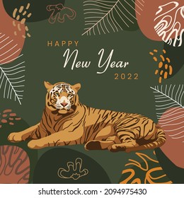 Happy New Year 2022! Greeting card with tiger illustration. Square format. Chinese symbol. Wildlife animal, jungle, safari. Wild cat, feline predator. Background for zoo