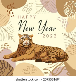 Frohes neues Jahr 2022! Grußkarte mit Tigergrafik. Quadratisches Format. Chinesisches Symbol. Tier der Tierwelt, Dschungel, Safari. Wilde Katze, feline Raubtiere. Hintergrund für Zoo