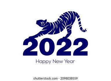 Happy New Year 2022 greeting card. Blue and white tiger stretching on top of the number 2022