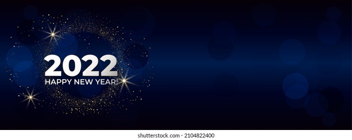 Happy New Year 2022. Greeting card with gold glittering round on blue background. For cover social network, invitations, banner, poster. Vector illustration.