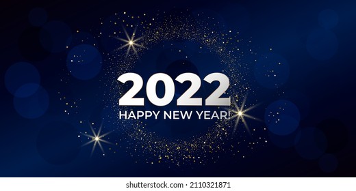 Happy New Year 2022. Greeting card with gold glittering round on blue background. For holiday invitations, banner, poster. Vector illustration.