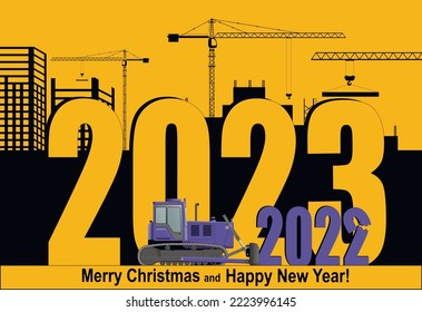 Happy new year 2022 greeting card. Outgoing 2021 bulldozer rattles against the background of a construction site. Flat vector illustration