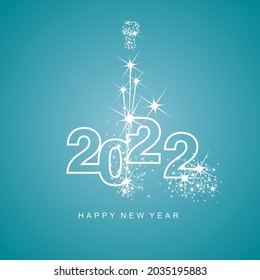 Happy New Year 2022 greetings firework white line design numbers white sea green aqua color background