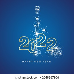 Happy New Year 2022 Greetings Firework White Line Design Numbers Gold White Blue Color Background