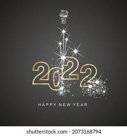 Happy New Year 2022 greetings firework white line design numbers gold white black color background