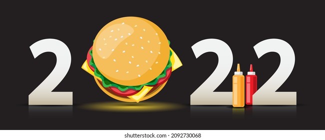 Happy New Year 2022 with a hamberger and sauce bottle red and yellow color. Merry Christmas cutout element for cards, invitations, banner, poster, print and website celebration decoration