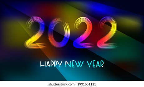 Happy new year 2022 hand lettering text on a dark background pierced by multi-colored rays. Design template. Celebration typography poster, banner or greeting card for Merry Christmas 