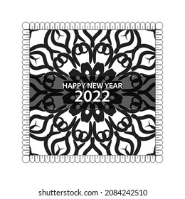 Feliz año nuevo 2022 en mandala de adorno hindú dibujado a mano con estilo de fondo.