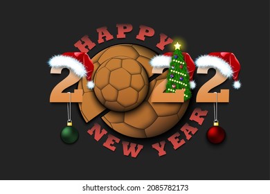 Happy new year. 2022 with handball ball. Numbers in Christmas hats and Christmas tree balls. Original template design for greeting card. Vector illustration on isolated background