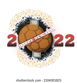 Happy new year. 2022 with handball ball, player and fans. Original template design for greeting card, banner, poster. Vector illustration on isolated background