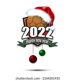 Happy new year 2022. Handball logo template design. Handball ball in santa hat. Design pattern for greeting card, banner, poster. Vector illustration on isolated background