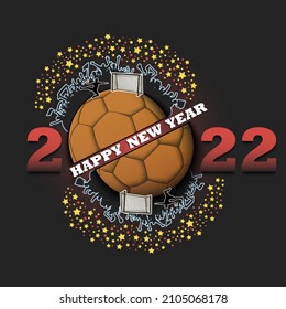 Happy new year. 2022 with handball ball, player and fans. Original template design for greeting card, banner, poster. Vector illustration on isolated background