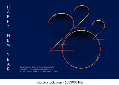 
Happy New Year 2022. Hanging colorful number 2022 with glow, metallic stars, on a blue background. New Year's greeting card or banner template. Vector.