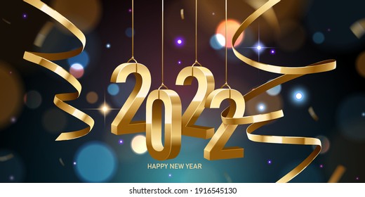 С Новым 2022 годом. Висячие золотые 3D-цифры с лентами и конфетти на расфокусированном красочном фоне боке.