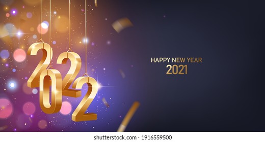 Happy New Year 2022. Hanging golden 3D numbers with golden confetti on a defocused colorful, bokeh background.