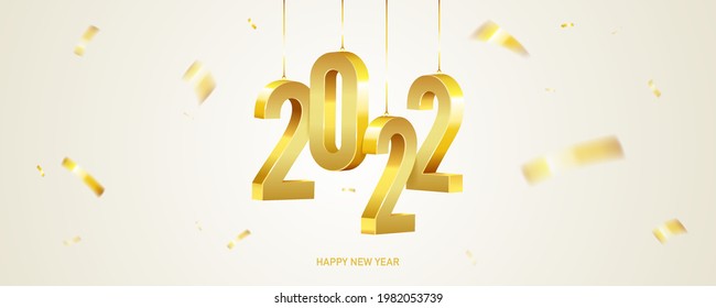 Happy new year 2022. Hanging 3D golden numbers with gold confetti on a bright background.