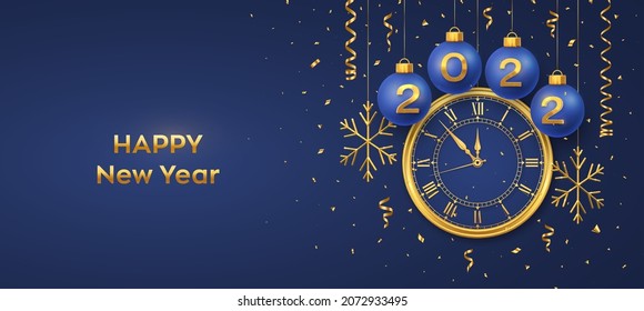 Happy New Year 2022. Hanging Blue Christmas bauble balls with realistic gold 3d numbers 2022 and snowflakes. Watch with Roman numeral and countdown midnight, eve for New Year. Merry Christmas. Vector.