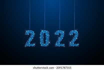 Happy New Year 2022 hanging down. Digital low poly wireframe style design with connection points. vector illustration
