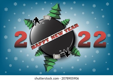 Happy new year. 2022 with hockey puck, Christmas trees and hockey player. Original template design for greeting card, banner, poster. Vector illustration on isolated background