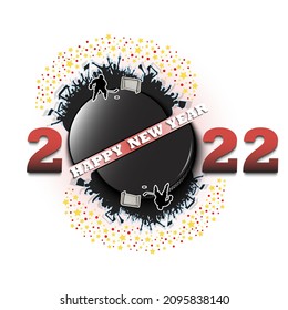 Happy new year. 2022 with hockey puck, player and fans. Original template design for greeting card, banner, poster. Vector illustration on isolated background