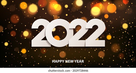 Happy New Year 2022. Holiday greeting card design. White paper numbers on a defocused colorful, bokeh background.