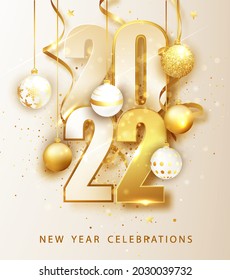 Happy new year 2022. Holiday vector illustration of numbers 2022. Gold Numbers Design of greeting card