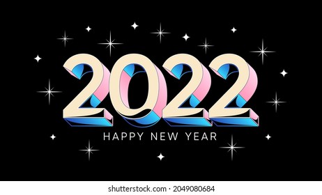 Happy New Year 2022. Holiday banner with isometric numbers 2022, with stars and fireworks. Vector illustration, festive template and greeting card. Beige, white, blue and pink colors