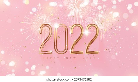 Schönes neues Jahr 2022 Feiertagshintergrund mit 3D Zahlen 2022, Feuerwerk und Weihnachtsleuchten in Rosa und Gold Farben. Vektorgrafik