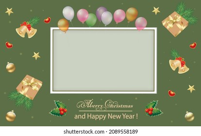 Happy New Year 2022. Holiday banner with gift boxes, stars, shiny balls, bells and colorful balloons. Christmas background with blank for text, greeting card with hearts, spruce branches. Vector