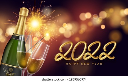 Happy New Year 2022 Illustration With Golden Realistic Number 2022, Glasses Of Champagne And Fireworks Sparks. Gold Sequin Blur Bokeh Background. Vector Illustration EPS10