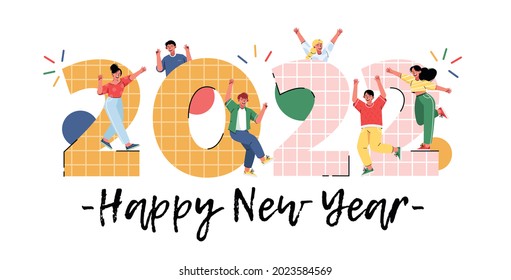 Happy New Year 2022. Joyful people wave their hands. Big numbers 2022. Congratulatory illustration in flat style. 