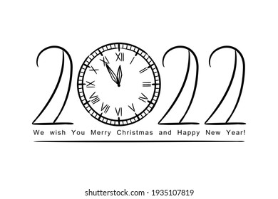 Happy new year 2022. Lettering of hand-drawn numbers and vintage clock on a white background. 2022 calendar heading. Vector illustration for the design of Christmas cards and posters.