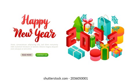 Happy New Year 2022 Lettering Banner. Vector Illustration of Winter Holiday Isometry.