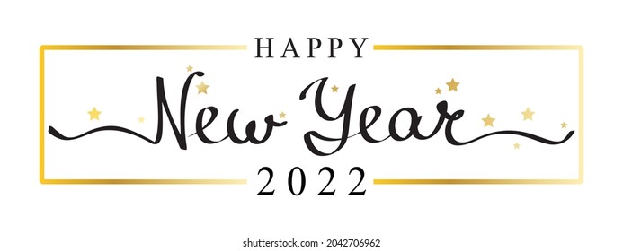 Happy New Year 2022 lettering on white. Black greeting text in the gold frame isolated. Winter holiday design concept, vector.