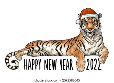 Happy New Year 2022 lettering. Lying tiger dressed Santa Claus hat. Vintage color engraving illustration. Isolated on white background