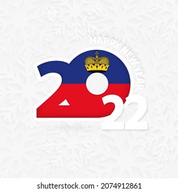 Feliz Año Nuevo 2022 para Liechtenstein sobre el fondo de copos de nieve. Saludo a Liechtenstein con el nuevo año 2022.