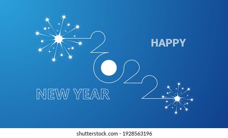 Happy new year 2022 linear design with fireworks sparks from sparklers on blue background. Vector illustration EPS 10 file