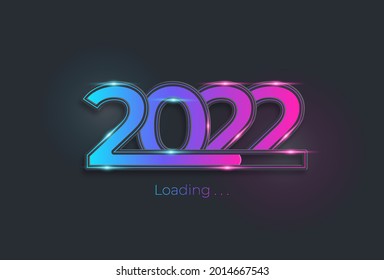 Happy new year 2022 with loading blue neon style. Progress bar almost reaching new year's eve. Vector illustration with 2022 loading. Isolated or dark light blue background