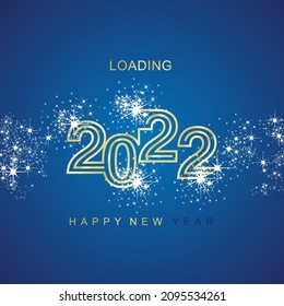 Happy New Year 2022 loading white light sparkle firework golden triple line design typography blue background vector greetings