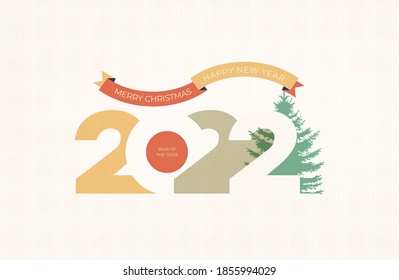 Happy New Year 2022 logo text design. Cover of business diary for 2022 with wishes. Brochure design template, card, banner. Year of the tiger. Vector illustration. Isolated on white background.