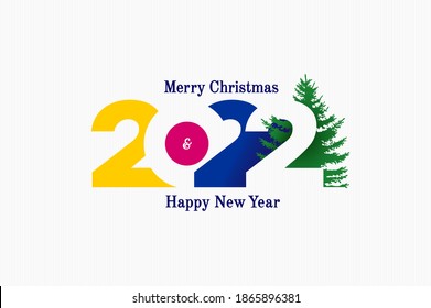 Happy New Year 2022 logo design with christmas tree. Cover of business diary for 2022 with wishes. Brochure design template, card, banner. Year of the tiger. Vector isolated on white striped.