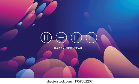 Happy New Year 2022 logo text design. Vector modern minimalistic text with numbers. Concept design. Christmas background with blur, boken, light, glare effects, stars, snowflakes, snow.