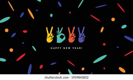 Happy New Year 2022 logo text design. Concept design with fingers. Sign of Victory and sign of OK. Freedom, good, peace, excellent, Like. Best wishes. Great ides. Color elements