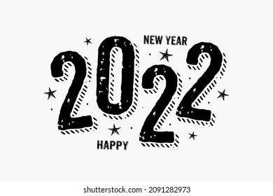 Happy New Year 2022 logo text creative design. Cover of business diary for 2022 with wishes. Brochure design template, card, banner. Vector illustration. Isolated black background. Old style, vintage.