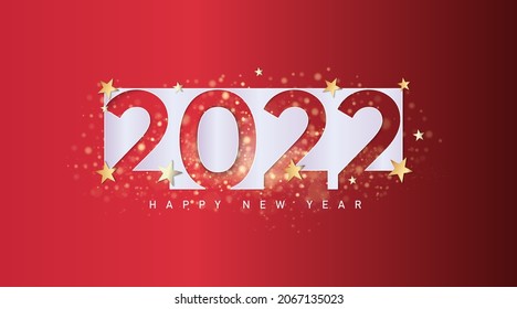 Happy new year 2022. Luxurious white numbers and gold splash. Greeting card design template. Party poster, banner for invitation gold glittering stars confetti glitter decoration. Vector background