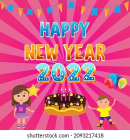Happy new year 2022 with luxurious style, sunburst background, balloons, cake with candles. Template for promotion, advertising, ads. Vector illustration.